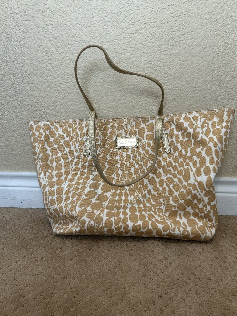 Lilly Pulitzer Gold & White Floral Canvas Tote, Gold Trim